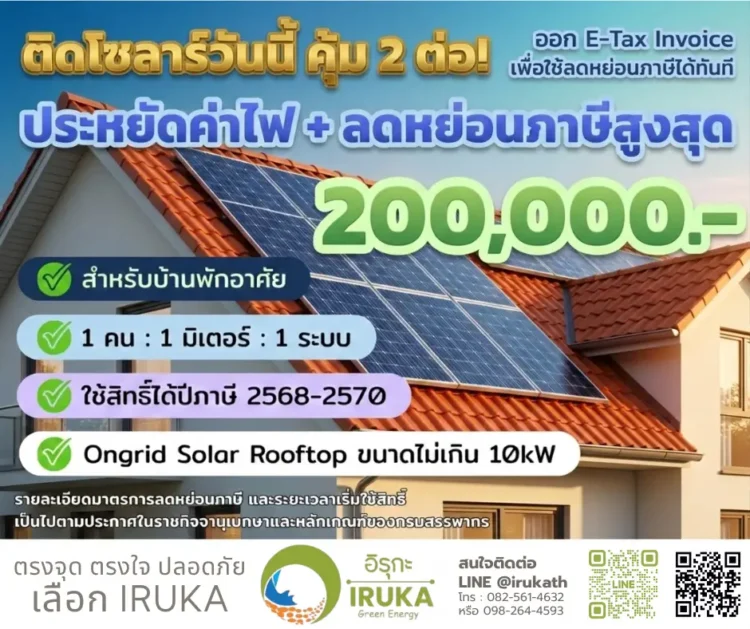 โซลาร์เซลล์ ลดหย่อนภาษีสูงสุด 200,000 บาท